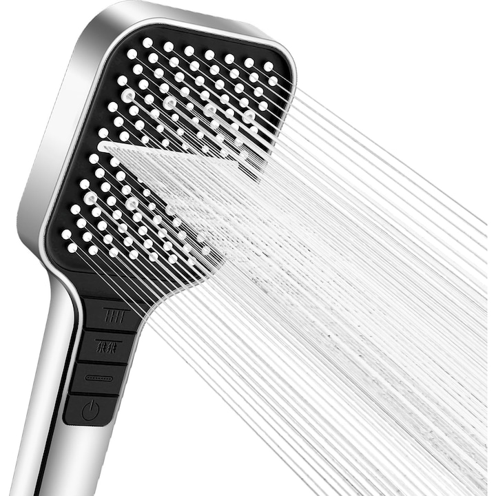 Cap de dus cu 7 setari, presiune mare, reglabil, economizor apa, patrat, Cu buton de oprire, MunDeir®, Argintiu