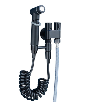 Set de dus ambrasmart de tip bideu cu pulverizator de apa din alama pentru toaleta, economizor de spatiu, cu control dual, evacuare cu unul in doua, supapa unghiulara, Negru