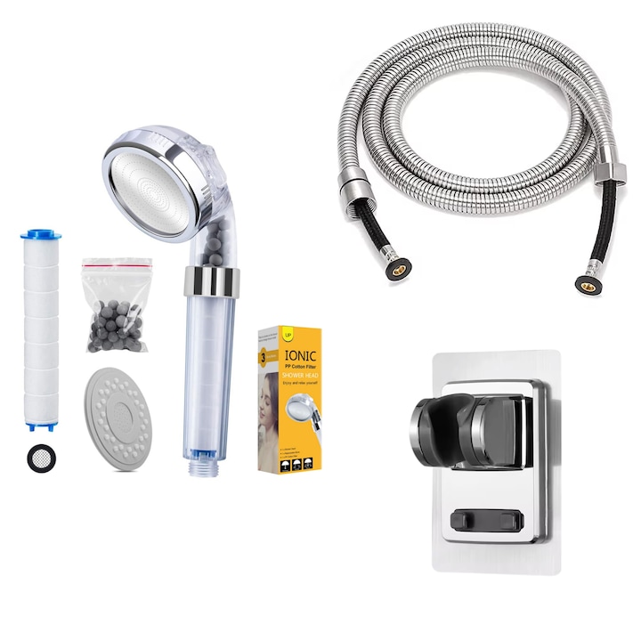 Cap de dus cu 3 functii INNOVIO® cu furtun din inox de 1,5 m si suport, Filtru de bumbac si granule minerale active, Ioni negativi, Presiune inalta, Functie economisire apa, Model CP-1595