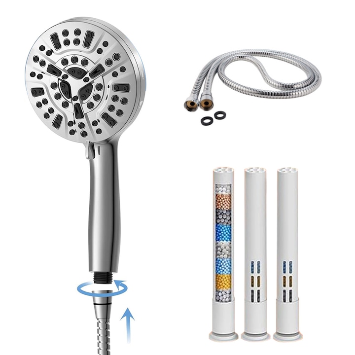 filtru de apa Para de dus LEOKOR, 10 moduri, filtru de apa, argintiu, 12.7cm, 1.5m furtun