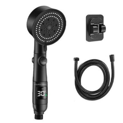 Set de Dus inteligent cu afisaj digital al temperaturii, Cap de dus de inalta presiune cu Suport si Furtun incluse si 5 moduri de functionare, negru