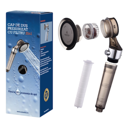 Cap de dus Osmotica cu filtru sedimente, bile ceramice maifan pentru reducerea clorului, presiune in spirala, functie control debit apa si buton on/off, culoare gri antracit, policarbonat