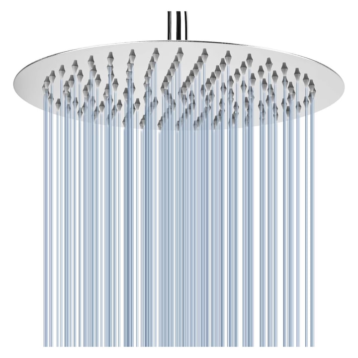 Cap de dus, Zggzerg, Cu duza de silicon, Preveniti infundarea, Suprafata cromata lustruita, Gauri de iesire a apei uniforme si dense, Conector pivotant, Montaj pe tavan sau pe perete, Diamentru 30 cm, Rotund, Otel inoxidabil, Argint