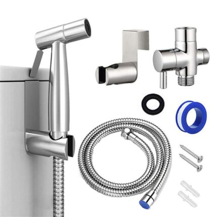 Set dus igienic, YWX, baterie bideu si WC din otel inoxidabil, para + furtun + baterie + agatatoare, presiune reglabila, Argintiu