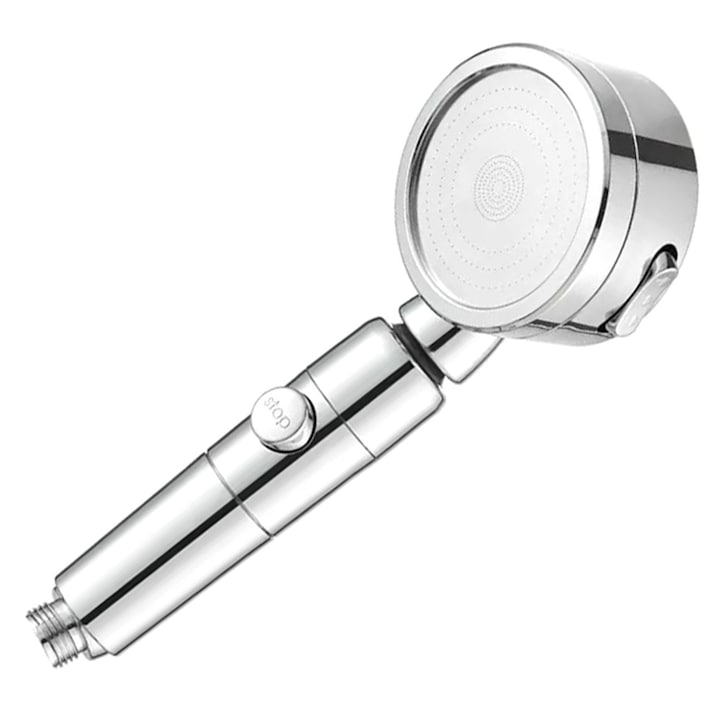 Cap de dus, Welora®, Fabricat din otel inoxidabil si ABS, Diametru sita 6.5 cm, Lungime 27 cm, Compatibil cu furtunele standard, Functie clasica si functie STOP, Calitate premium, Argintiu