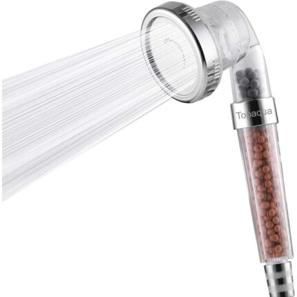 Para cap de dus Topaqua® C400, 3 moduri jet, buton on/off, filtrare dubla, granule minerale, turmalina, economisire apa, jet uniform, argintiu