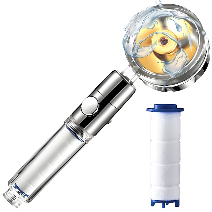 Cap de Dus Retoo Turbo Vortex cu Elice, Filtru Apa, Cap Rotativ 360° si Buton On/Off, Presiune Foarte Puternica, Argintiu-Auriu