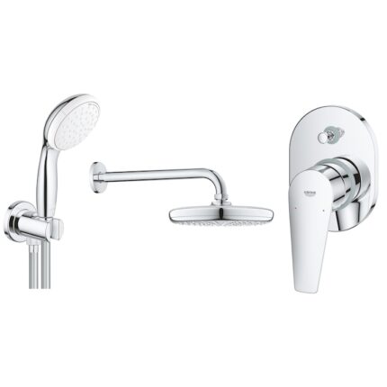 Sistem de dus incastrabil complet Grohe BauEdge, para de dus, palarie de dus, cartus ceramic, furtun 1.5 m, crom