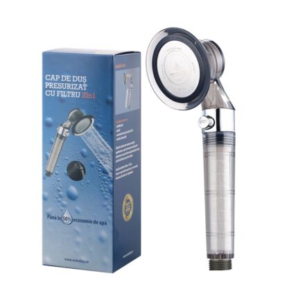 Set cap dus Osmotica cu 2 filtre sedimente, bile ceramice maifan pentru reducerea clorului, presiune in spirala, functie control debit apa si buton on/off, culoare gri antracit, policarbonat