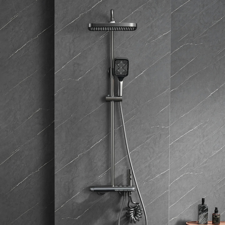 Coloana de dus, display digital, afisare temperatura apa, lumina ambientala 360°, 4 functii integrate, 3 moduri de jet apa, cu pistol de pulverizare integrat, BLIOTE Premium Pro, Gri