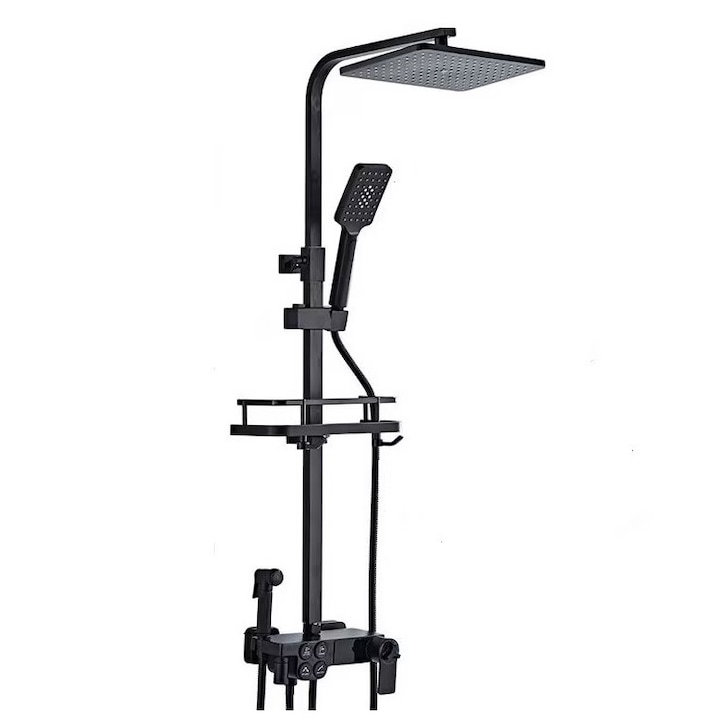 Coloana dus cu baterie termostat, afisaj LCD si turbina generatoare de curent, corp baterie din alama, 4 functii curgere, negru mat