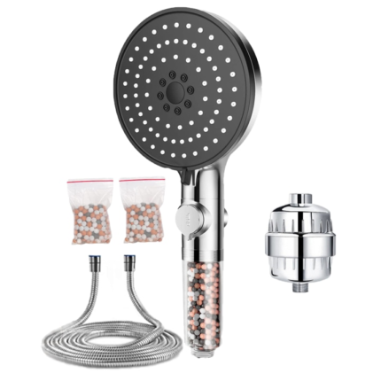 Set Para dus cu Filtru de apa + Filtru pentru Dus, Accesorii, 5 functii, 3 Niveluri de Filtrare, Comutator ON/OFF, 2 Seturi bile minerale, Inox, Negru