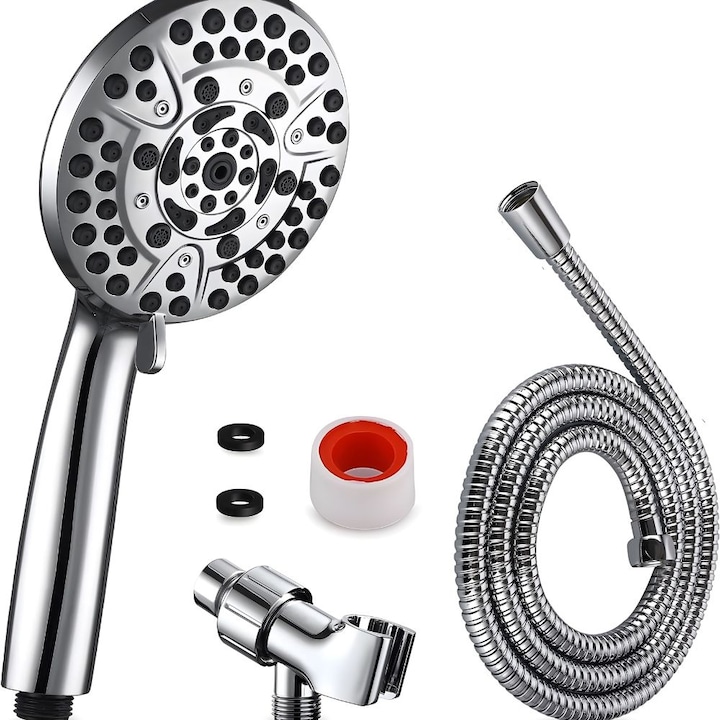 Cap de dus de inalta presiune, 9 functii, Suport reglabil, Furtun flexibil de 1.5 m, Cromat