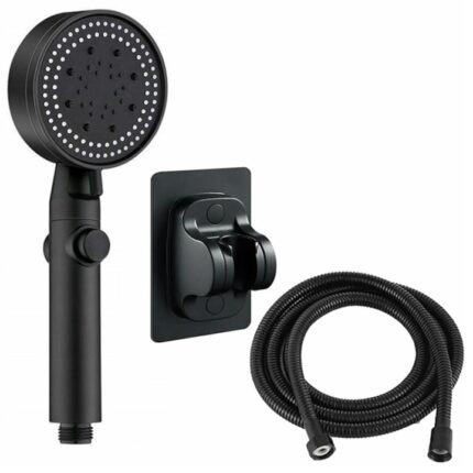 Set pentru dus cu cap, CLASStitude, contine furtun si suport de prindere in perete, para de dus cu 5 functii si buton STOP, Negru