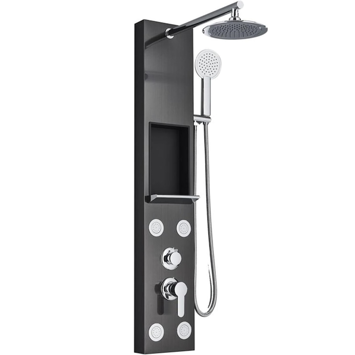 Coloana de Dus, Efect ploaie, Finisaj Negru Metalizat, Functii SPA cu Raft de Depozitare