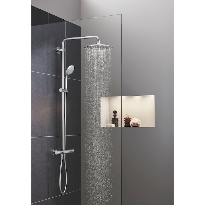 Sistem dus cu termostat Grohe Euphoria 260, montare aparenta, brat dus cu rotire, para dus inclusa, 3 functii, anti-calcar, crom