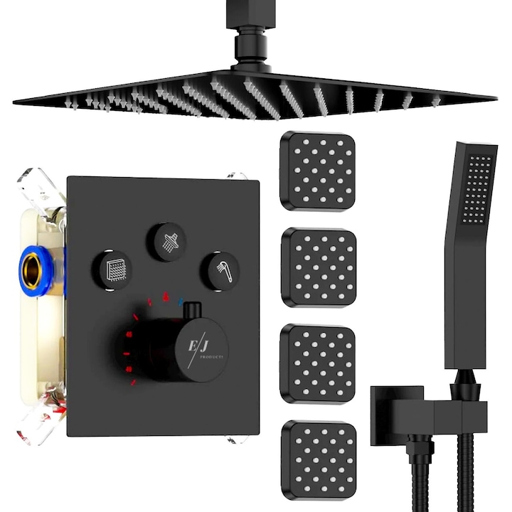 Sistem dus incastrat ultra subtire cu masaj si termostat, 4 functii, cap de dus 30 cm, patrat, set de dus complet din metal de calitate, negru mat
