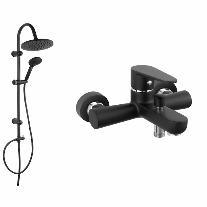 Coloana de dus Ferro Rondo, cu baterie cada / dus Algeo, set bara dus, culisant, dus fix, para dus mobila, negru