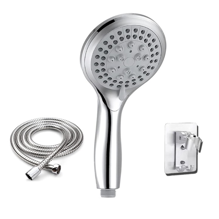 Cap de dus, JENUOS®, cu furtun de 1, 5 m si suport reglabil, 5 moduri de pulverizare, Presiune inalta, Argintiu