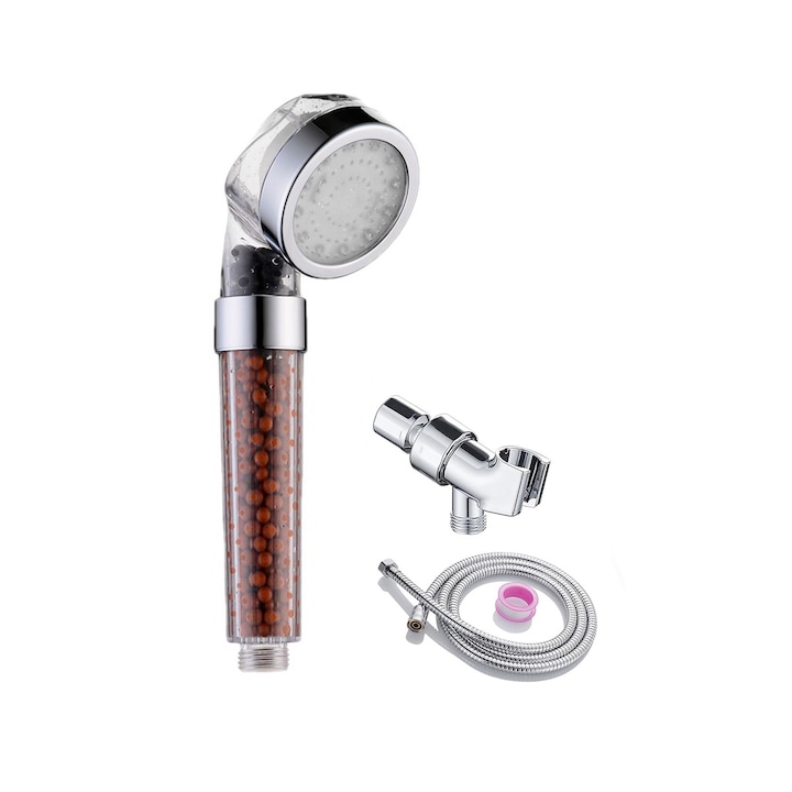 Cap de dus, Zggzerg, Cu furtun, baza si bile de filtrare, 7 Culorile se schimba ciclic, Pentru parul si pielea uscata, Argintiu