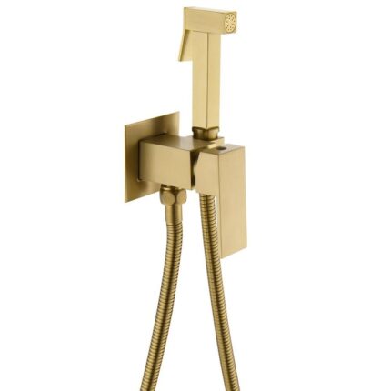 Set Dus igienic, tip intim cu robinet, doua cai, apa Calda/Rece pentru Bideu sau Wc, cu baterie incastrata, Auriu Nichelat