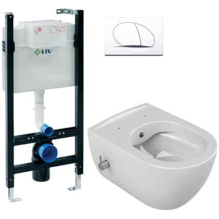 Set 2 in 1 Toaleta cu bideu Cerastyle City Rimless, LIV, capacitate 9 L, capac soft and slim, clapeta alba, baterie actionare bideu premontata