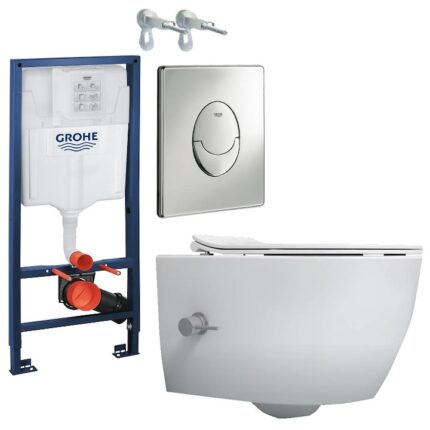 Set 2 in 1 Toaleta cu bideu Isvea Sentimenti Neo CleaRim, Grohe, capacitate 9 L, capac soft and slim, clapeta crom lucios