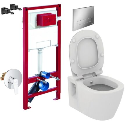 ALL IN ONE Incastrat - Schell + Grohe + Ideal Standard Connect - Cu functie bideu - Gata de montaj - Vas wc Suspendat Ideal Standard Connect cu functie de bideu + Capac softclose + Rezervor Schell + Baterie incastrata Grohe