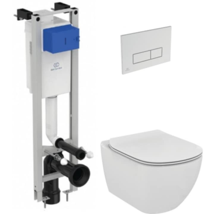 Set WC Suspendat Ideal Standard Tesi Rimless (fara rama - igiena totala) - Gata de Montaj - Cadru fixare + Rezervor Ingropat, Clapeta Crom, Vas WC si Capac WC