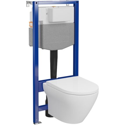 Pachet vas WC Cersanit Larga Oval CleanOn suspendat cu fixare ascunsa, Sistem incastrat Aqua 50 Pneu QF, Capac wc duroplast Slim, antibacterian, soft close, cu functie easy off cu un singur buton
