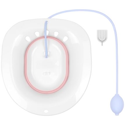 Vas FizioTab® Sitz Bath Pliabil, pentru Baie de Sezut, tip Lighean pentru Wc, Asigura Igiena Locala si Ameliorarea Simptomelor Locale Provocate de Hemoroizi, Alb/Roz cu Irigator Reglabil Albastru