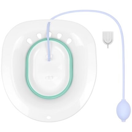 Vas FizioTab® Sitz Bath Pliabil, pentru Baie de Sezut, tip Lighean pentru Wc, Asigura Igiena Locala si Ameliorarea Simptomelor Locale Provocate de Hemoroizi, Alb/Verde cu Irigator Reglabil Albastru