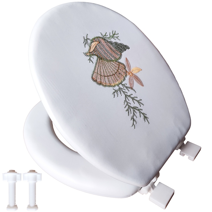 Capac WC cu Inchidere Moale, cu Burete si Model Brodat, 39x35.5cm, Alb