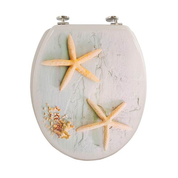 Capac wc din MDF, Frandis, inchidere standard, 38x44 cm, alb/be, model stea de mare