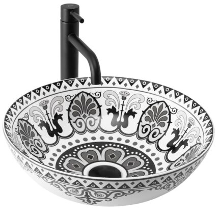 Lavoar pe Blat Rea Etno, Ceramica sanitara, model floral, Negru cu Alb, 40 cm