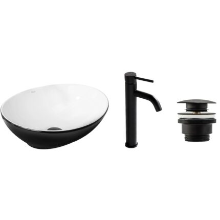 Lavoar Sofia Black White cu Baterie lavoar si Ventil , kit complet gata de montat