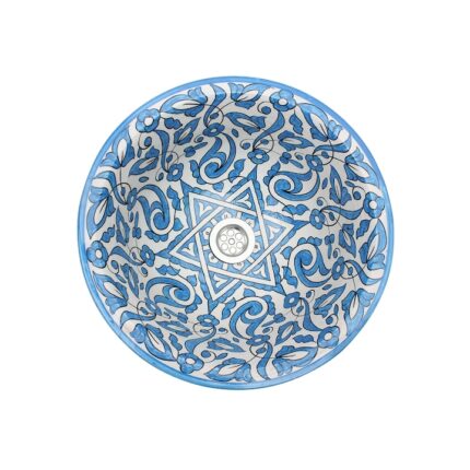 Lavoar Artizan,rotund,43x43x13 cm,MAROC,pictat manual,alb/albastru,ceramica,montaj pe blat