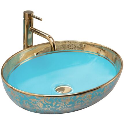 Lavoar Ego-Margot Gold-Blue, 40x52 cm, montaj pe blat, ceramica sanitara, fara gaura baterie