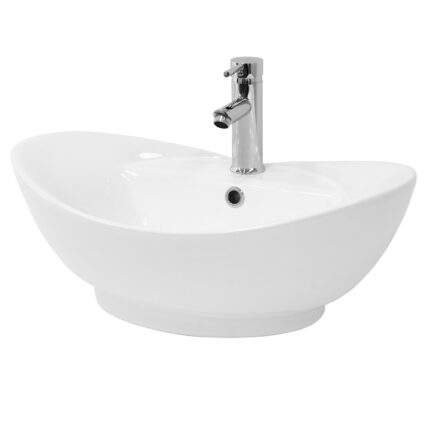 Lavoar alb pe blat din ceramica, ML-Design, model scoica, forma ovala, 590 mm, 205 mm cu baza/ 170 mm, fara baza, 395 mm