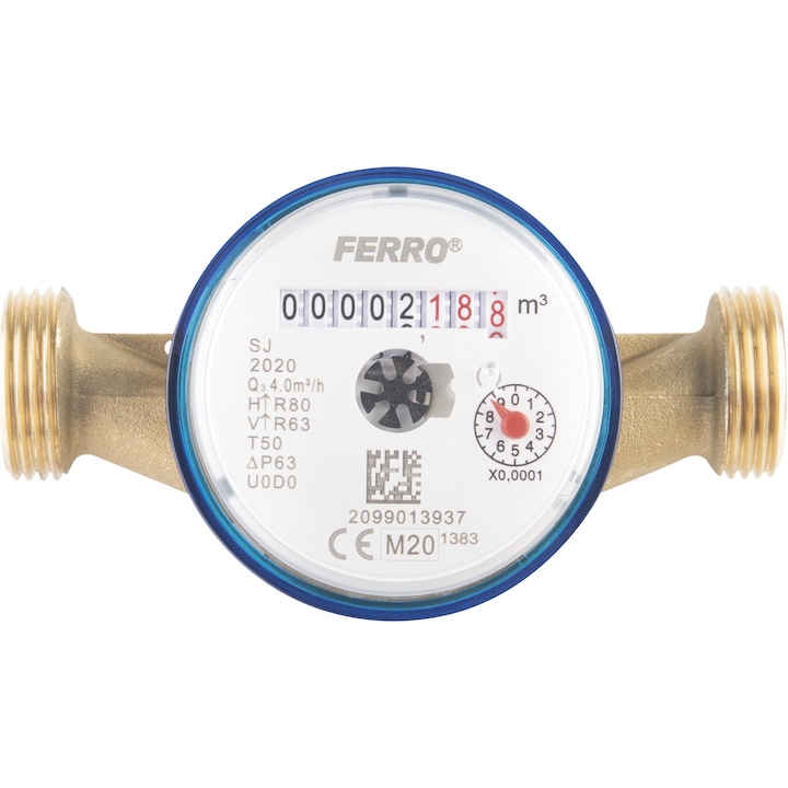 Apometru, contor de apa rece, Ferro 3/4", 4.0m³/h, 16 bari, clasa metrologica H-R80 V-R63, Albastru