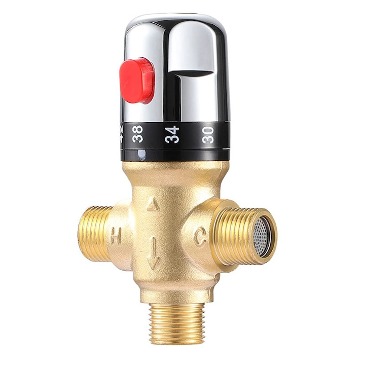 Vana de amestec termostatica, JENOUS®, G1/2-DN15, controlul temperaturii, reglabila intre 20°C-50°C, protectie antioparire, din alama, Multicolor