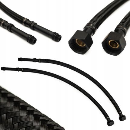 Set 2 furtunuri pentru baie, Tycner, 40cm, Nylon, M10 x 3/8, Negru mat