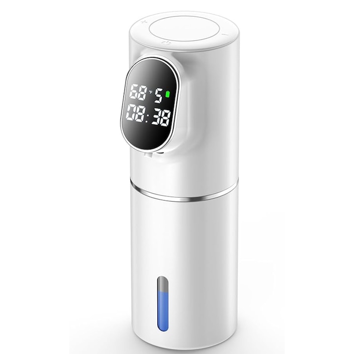 Dispenser Automat de Sapun Spuma, Zadabso®, cu 5 Niveluri de Reglaj, Rezistent la Apa IPX6, Reincarcabil, Echipat cu Afisaj pentru Timp si Temperatura, Baterie 1500mAh, Alb