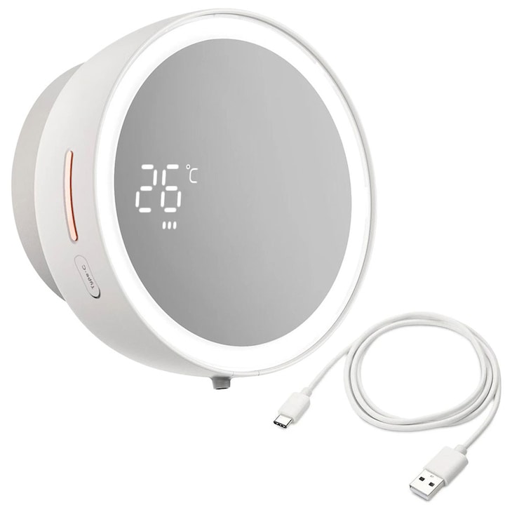 Dispenser automat pentru sapun lichid cu spuma cu oglinda iluminata LED pentru machiaj, WALALLA, Montare pe perete, Senzor de miscare, Fara atingere, 3 trepte dozare spuma, Afisaj digital, Baterie reincarcabila 1500mAh, USB-C, Afisare temperature, Alb