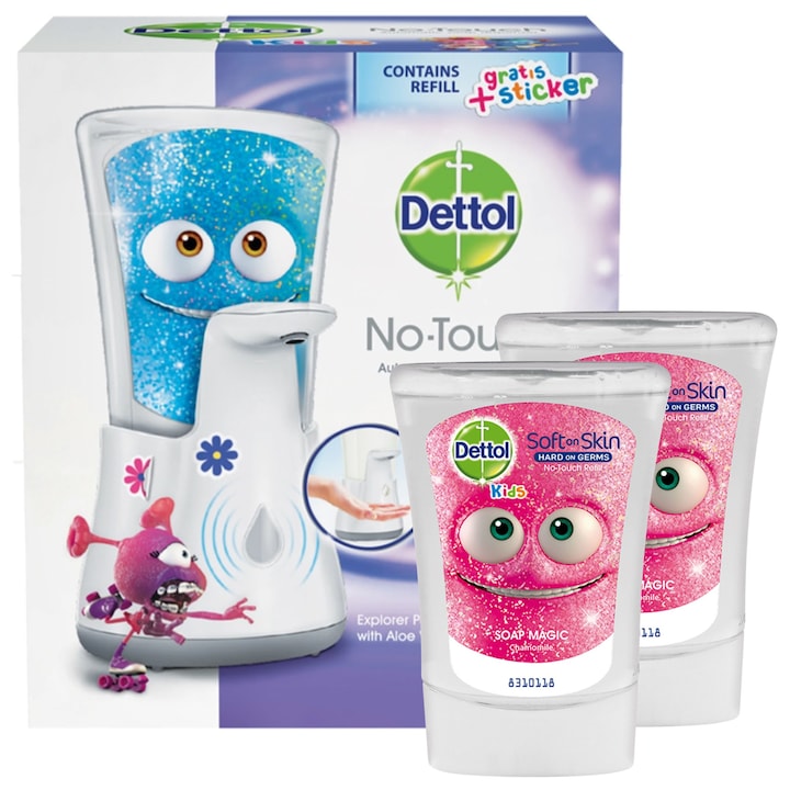 Dispenser automat cu senzor pentru sapun lichid Dettol Kids No Touch, cu 1 rezerva sapun lichid Aloe Vera 250 ml si 2 rezerve sapunuri lichide Musetel 250 ml