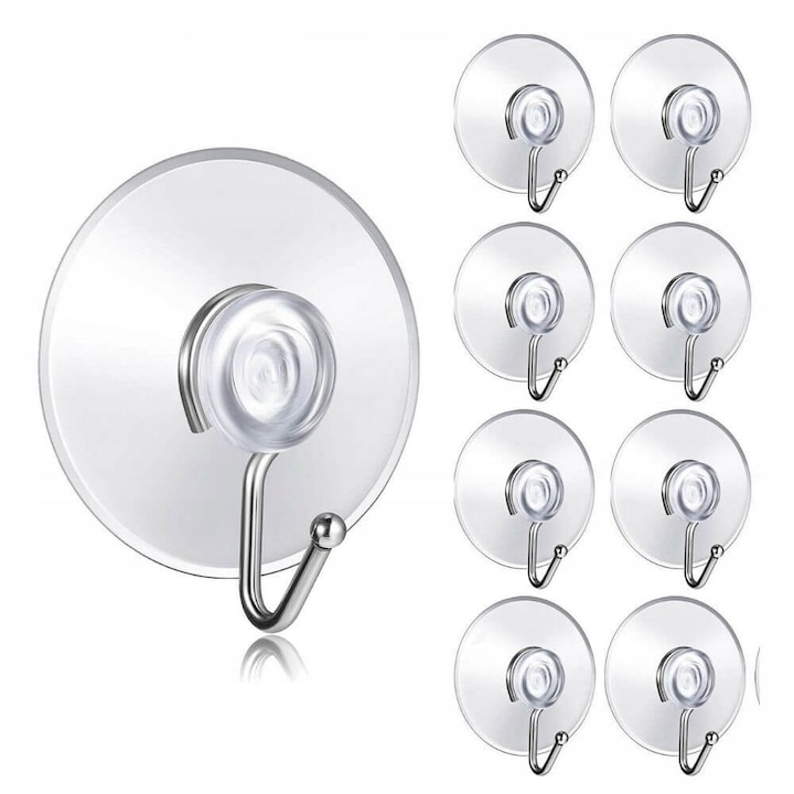 Ventuze cu Carlig, Set de 8 buc, Autoadeziv, Plastic, Transparent, 4 cm