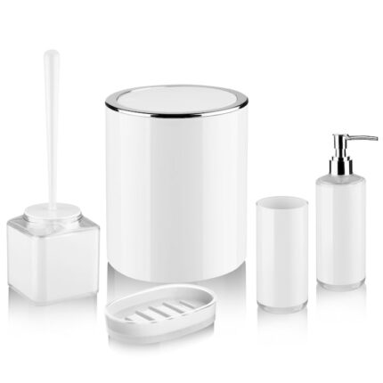 Set Accesorii Baie 5 Piese, Cos de Gunoi, Dozator de Sapun Lichid, Pahar pentru Periuta Dinti, Sapuniera, Perie Wc cu Suport, alb