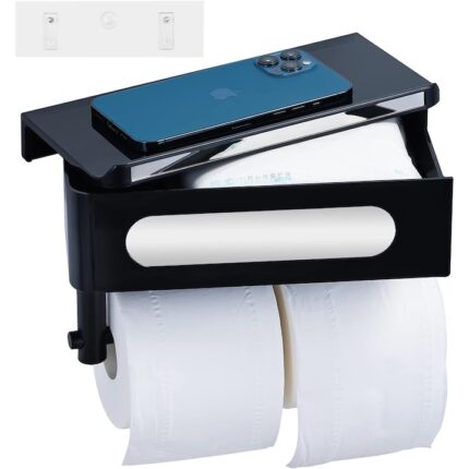 Suport de hartie igienica 3 in 1, combinatie de servetele si role, pliabil la 180°, 3 rafturi mobile, ABS, Negru