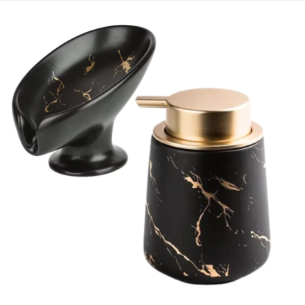 Set accesorii baie din ceramica, Epic Concept art deco & more®, 2 piese, sapuniera si dispenser sapun lichid, negru