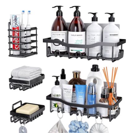 Raft de dus, ZUNSEAT, set 5 bucati, etajera pentru baie, pentru depozitare in bucatarie, organizator baie, Inox, cu adeziv, Negru